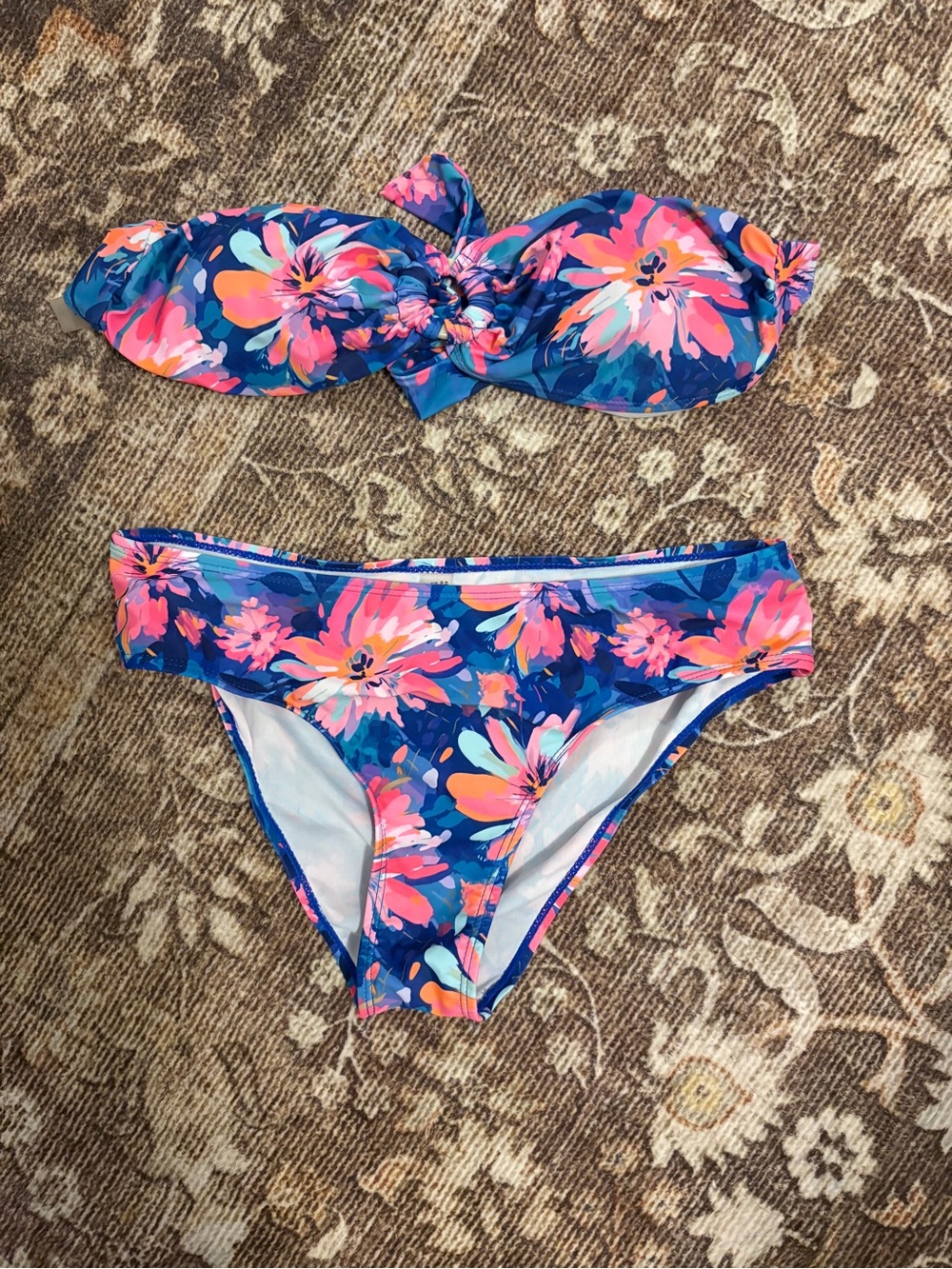 SHEIN Blue Floral Bandeau Bikini Set with Pink & Orange Blooms